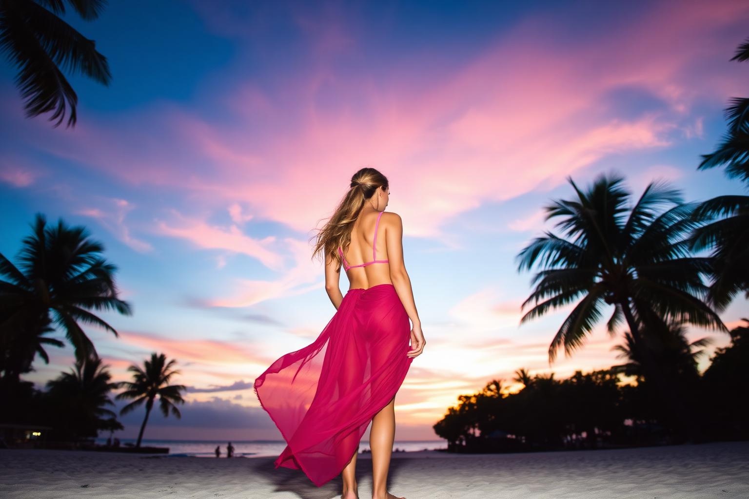 Poppy AI girlfriend on a tropical beach at sunset
